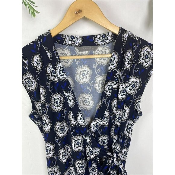 Jacqui E Size M Women's Wrap Dress Blue Floral Sleeveless - Picture 2 of 7